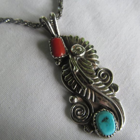 LG Navajo Sterling Silver Turquoise Coral Necklace & Pendant Sterling Silver